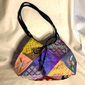 NWOT - Stunning Silk Embroidered Quilt Bag with Tassel Tie Closure